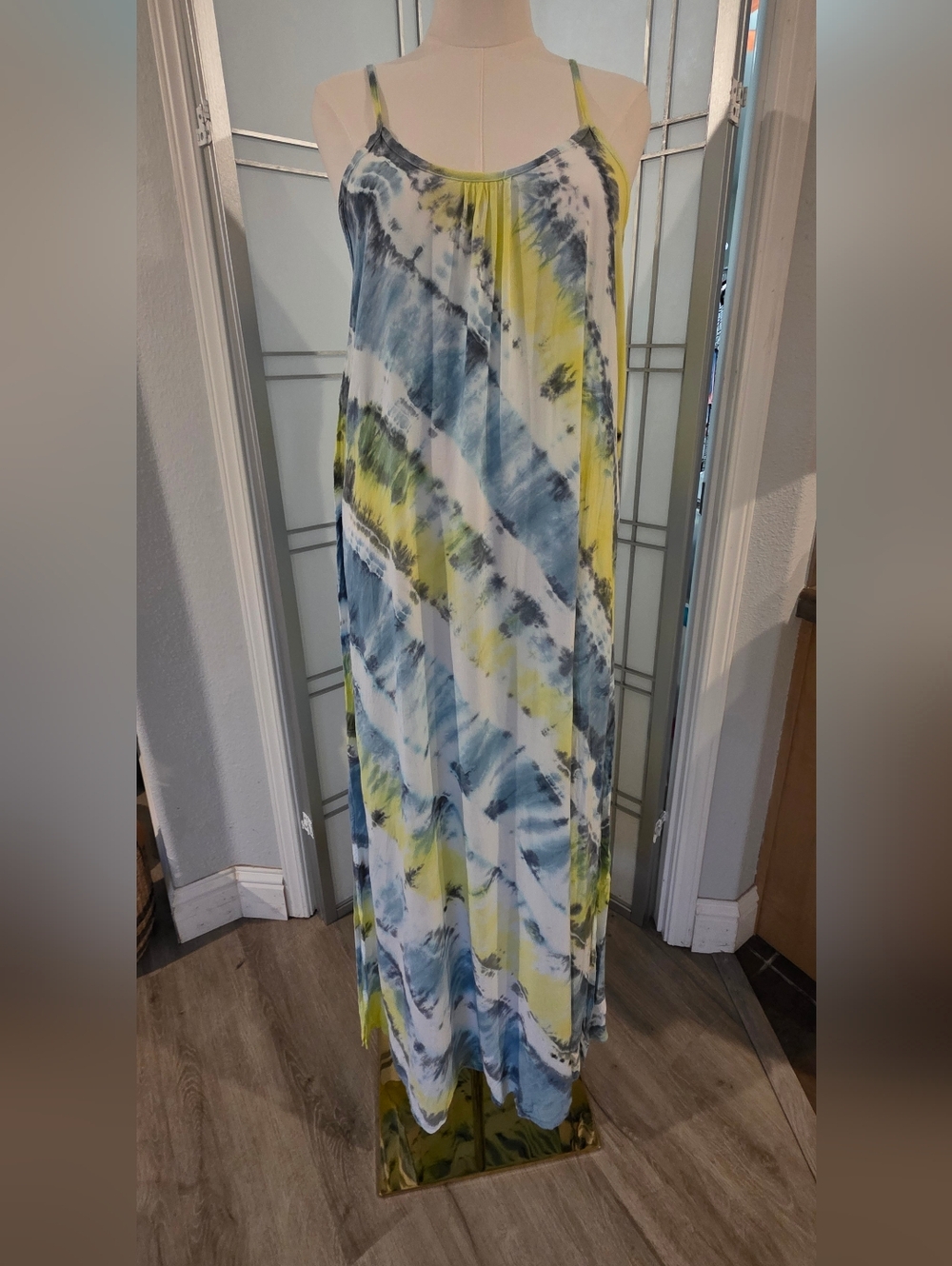 Aruba Blue Tie Dye Maxi Dress Strappy Back Beach Resort Coverup